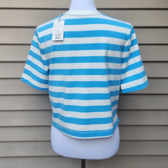 a new day Striped Cropped Crewneck T-Shirt Light Blue White NWT Boxy - Picture 8 of 13